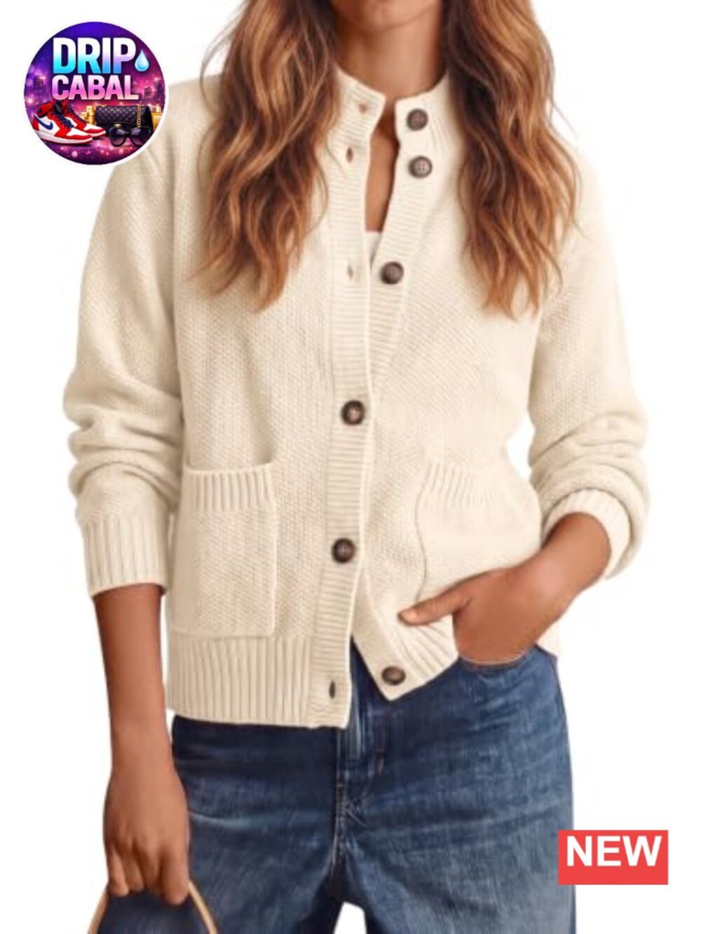 Chunky Knit Button Down Mock Neck Cardigan Long Sleeve Cropped Sweater with